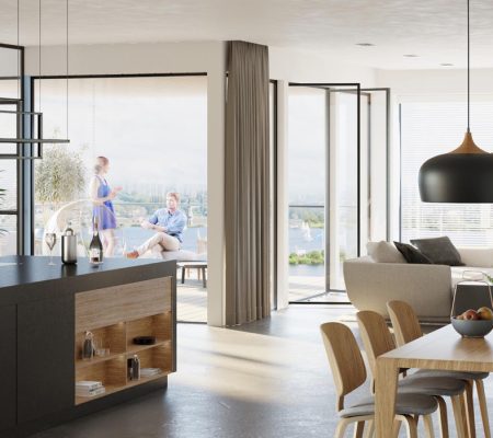 Diamond Mall - El Shorouk​ Open-plan modern kitchen and living area with dining table, large windows, and balcony access.