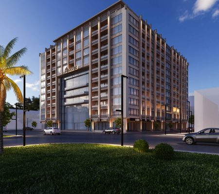 DIAMONEST Tower in Majestic mixed-use building with modern architecture, featuring commercial spaces on the ground floor and residential units above, at sunset. - برج ديامونيست